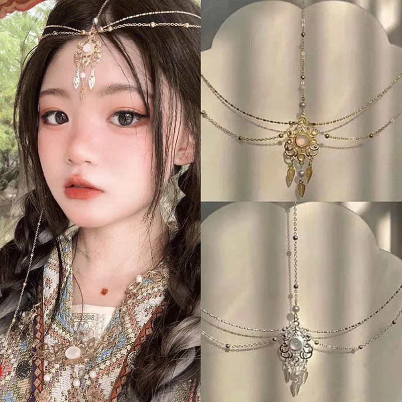Fashion Vintage Hollow Geometry Flower Head Chain Hairbands  Hair Accessories Women Layered Tassel Headband Party Ornaments