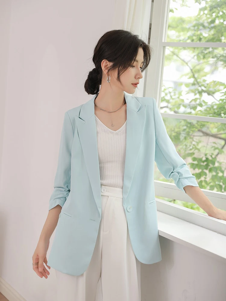 

Women's Seven-Quarter Sve Suit Jaet Pleated Drape Anti-Wrinkle Design Faionable Blue Commute Sle Straight Cut