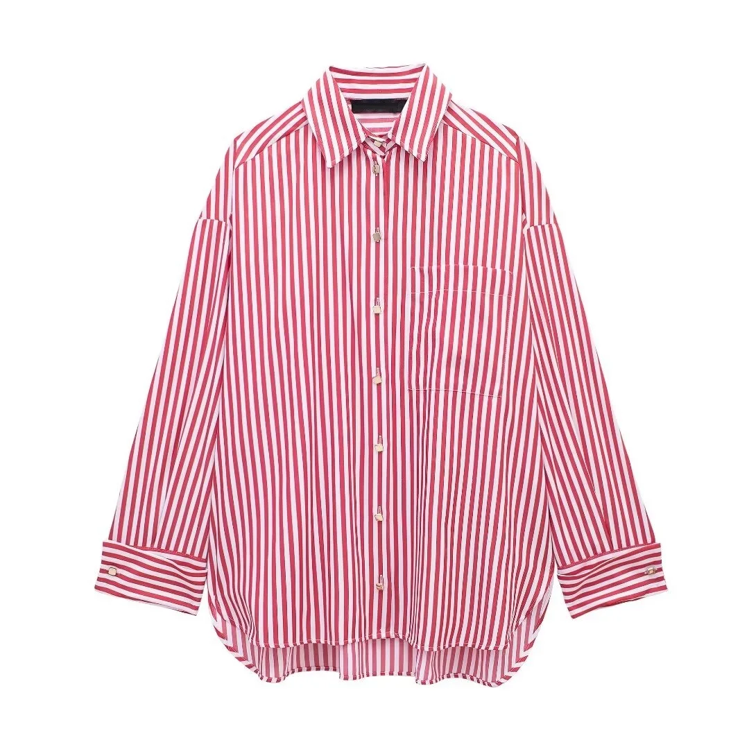 Tangada 2024 Women Oversized Pink Striped Shirt Long Sleeve Chic Female Loose Shirt Tops6X0135