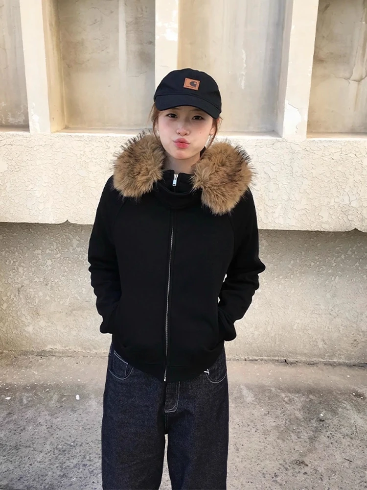 

Толстовка с меховым воротником и капюшоном, осенняя, на молнии, повседневная, из хлопка и полиэстера, с длинными рукавами, молодежная, модная