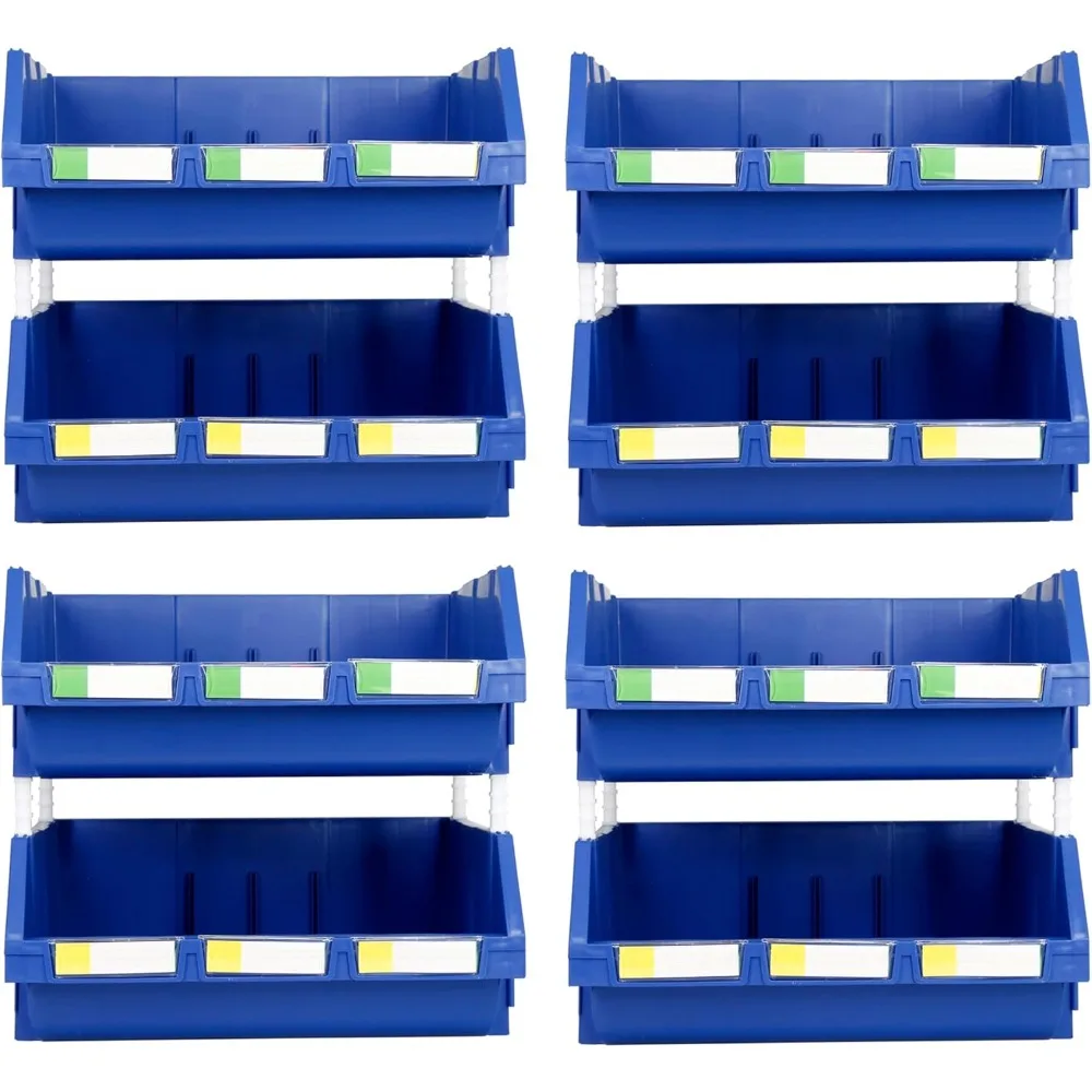 

Blue Heavy duty thermoplastic storage bin organizer, Stackable, Hangable, Side-connect 8 Pack, Xtra Large 16.5" X 14.5" X 6.9"