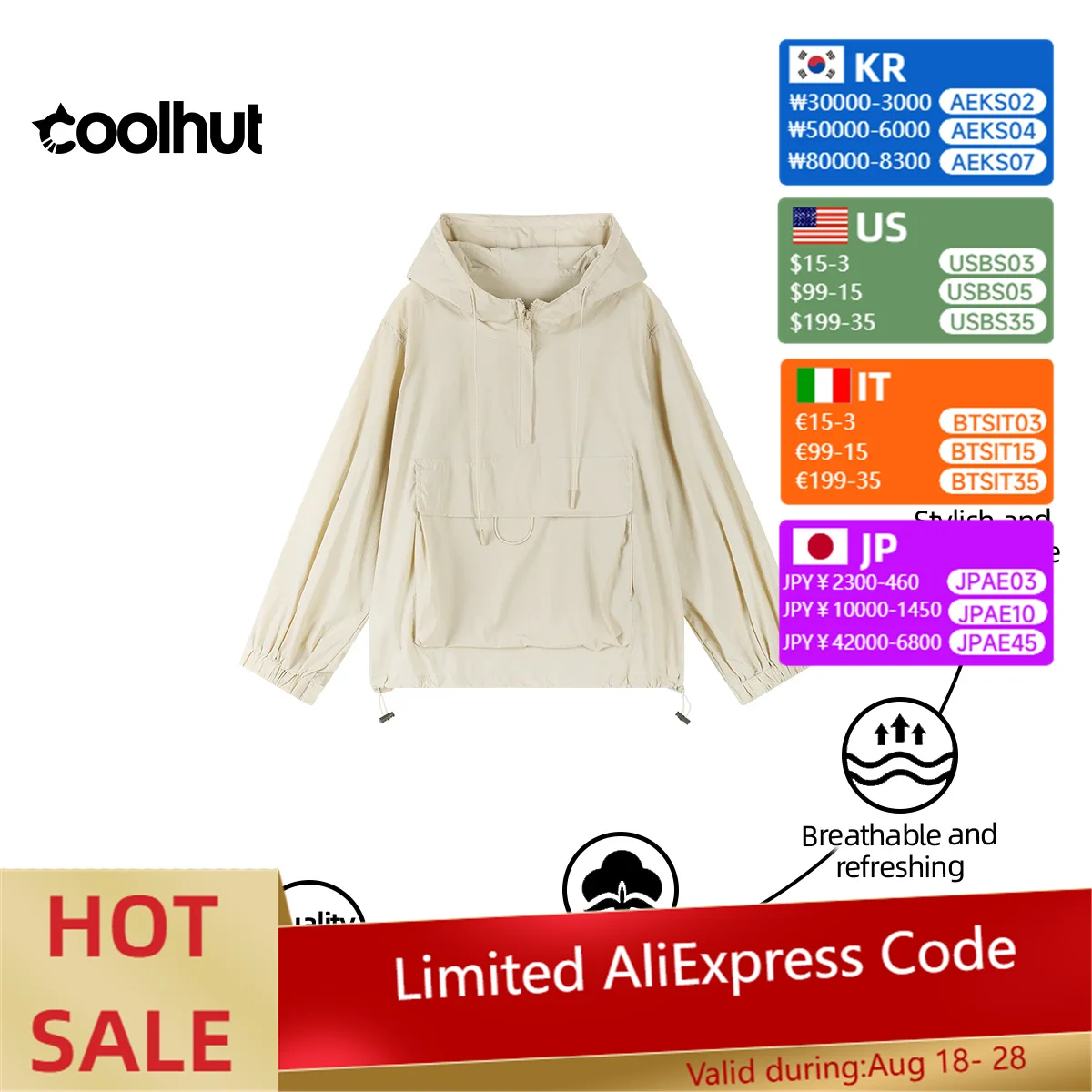 

COOLHUT Women's Mountain Outdoor Hooded Half-Zip Jacket Summer Lightweight Sun Protection Utility Workwear Hiking Windbreaker