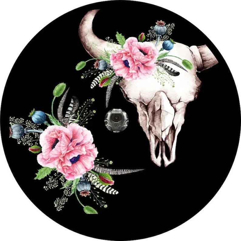 Cow Skull with Flowers/Floral Spare Tire Cover for any Vehicle, Make, Model and Size - Car, RV, Travel Trailer, Camper and MORE