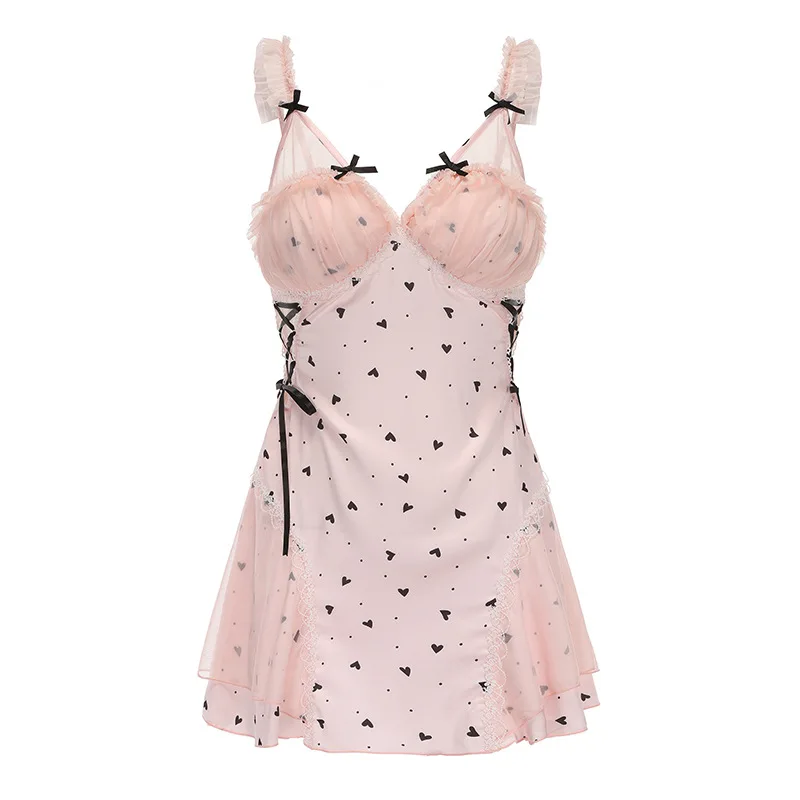 

Sexy Lingerie Sweet Bow Deep V Padded Push Up Satin Lace Babydoll Sleepwear Robe Homewear Hot Women Nightgown Chemise Teddy