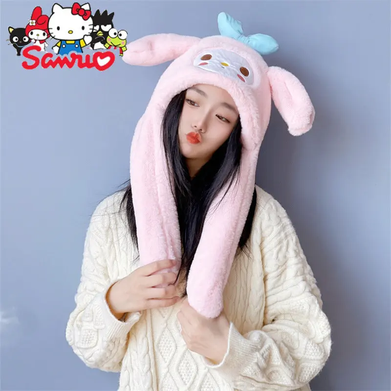 Sanrio Kuromi Melody Pochacco Ear Moving Hat Neck Cob All-in-one Hat Cute Cartoon Bear Melody Student Outfit Plush Woman Hat