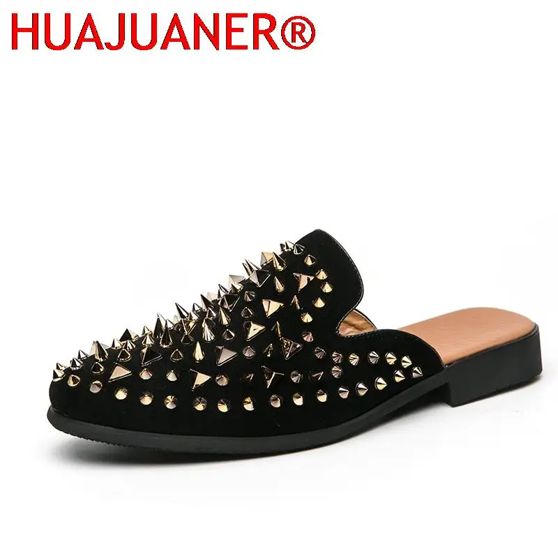 

New Classic Half Drag Fashion Spike Shoes Brand Spiked Slippers Men Casual Non-Slip Party Club Shoes Male Retro Summer Slipper