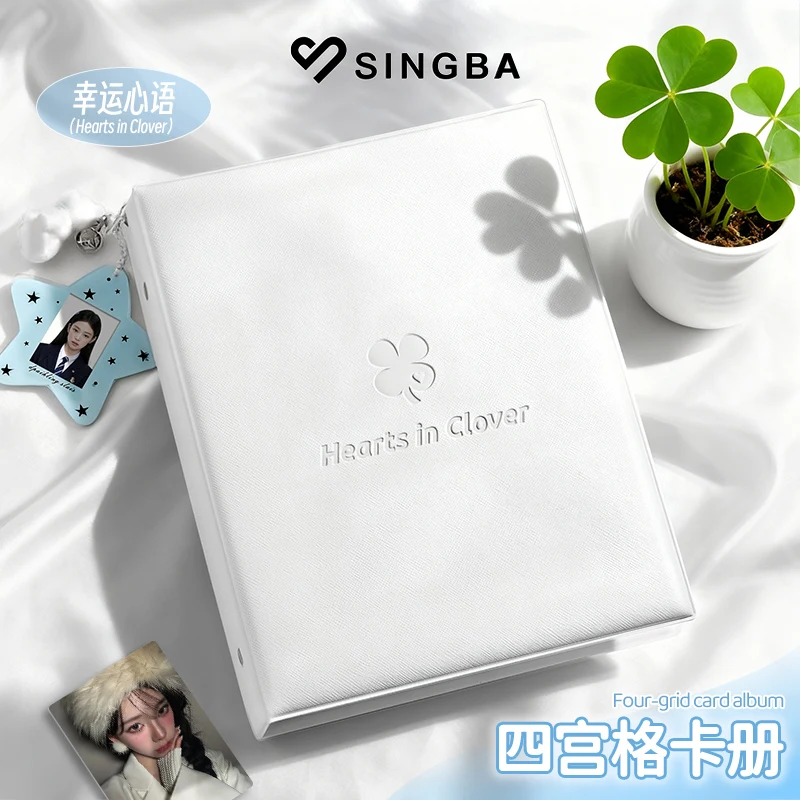 SINGBA Hearts in Clover A5 Binder Album, 4‑Grid Refillable Pocket Pages for 3‑Inch Polaroid Idol Photo Kpop Card Collection