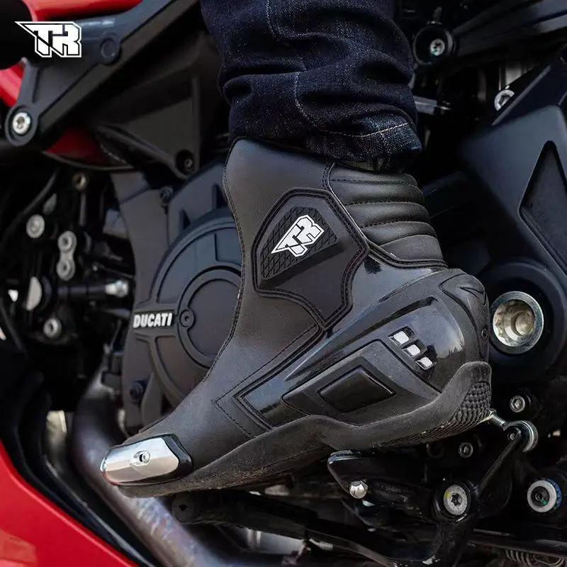 TR Black Boots Motorcycle Racing Anti-fall Reflective Riding Anti-collision  Off-road Rally Leather 4 Seasons Non-slip Shoes