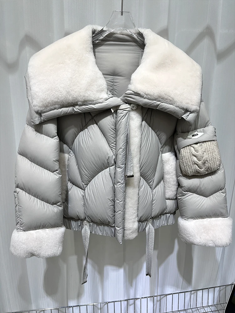 2024 Autumn Winter Women\'s Goose Down Jacket With Real Sheep Fur Collar Women Warm Coat Luxury Thick Outwear Female Coat