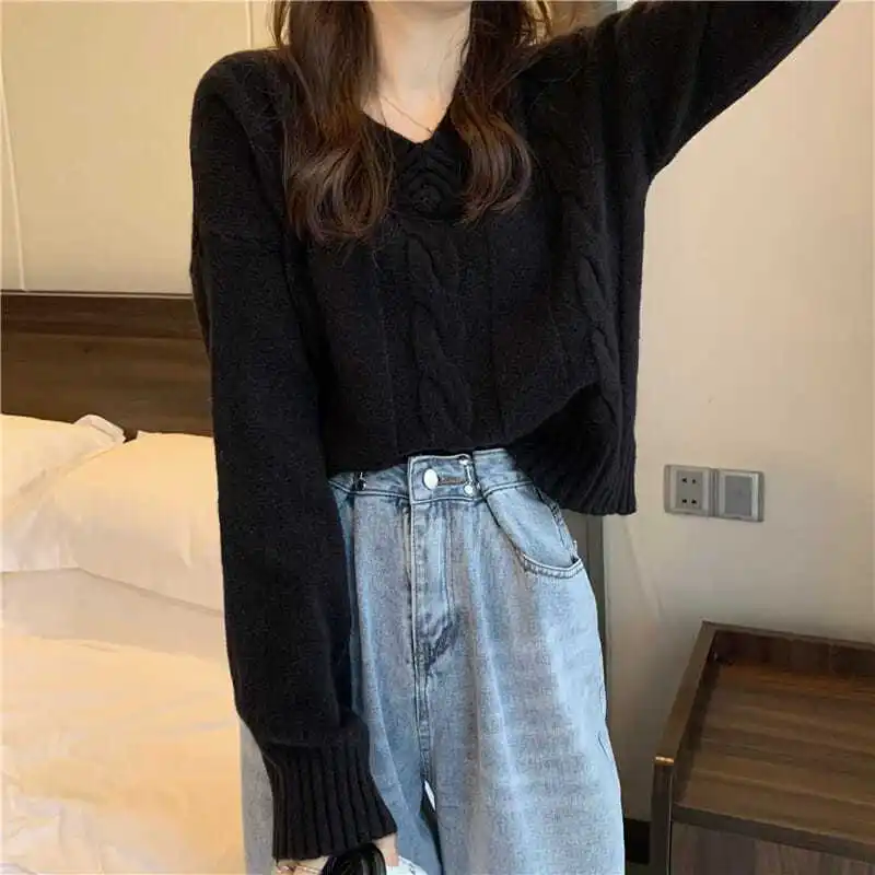 

Свободный укороченный вязаный свитер с V-образным вырезом, женский пуловер с длинным рукавом