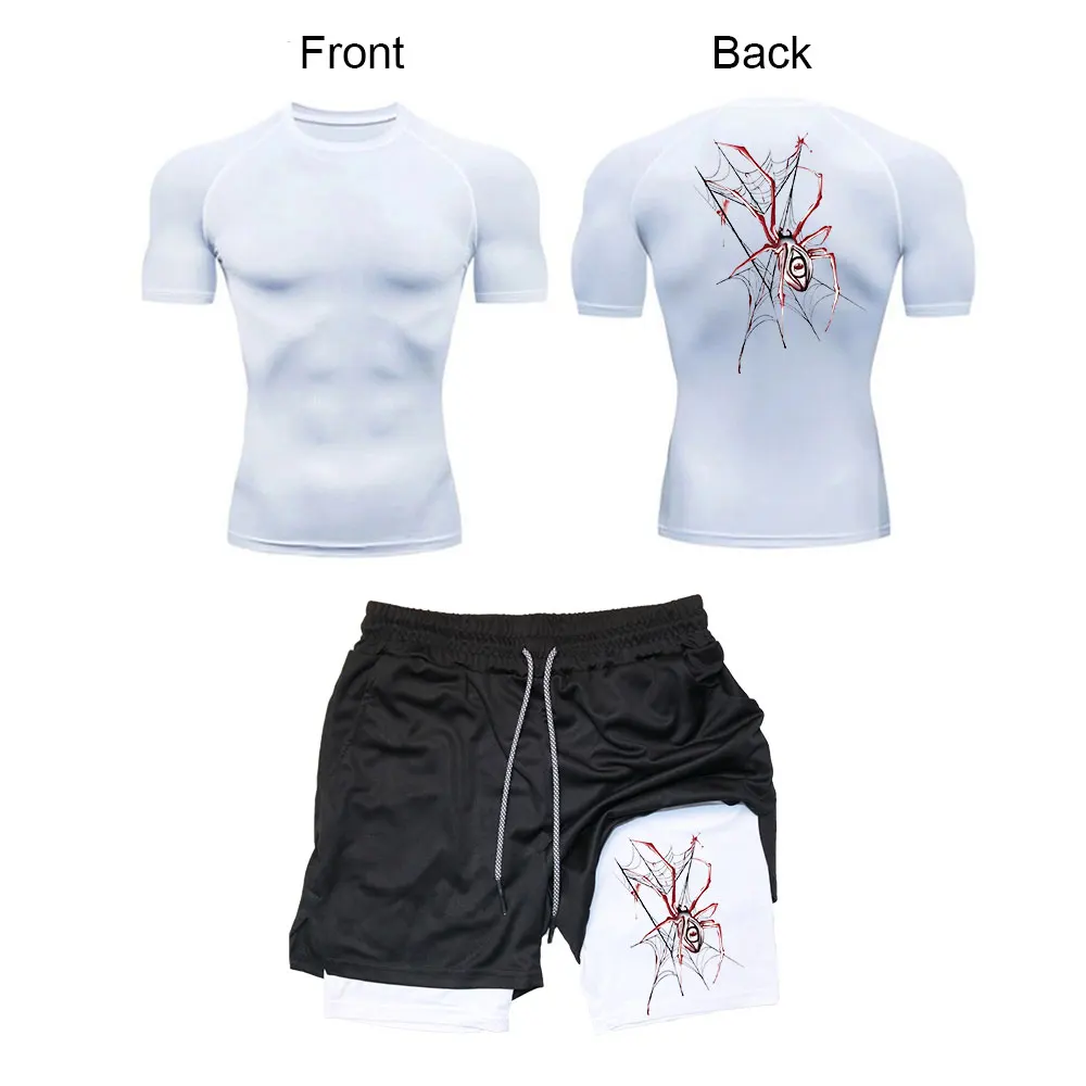 ملابس رياضية للرجال Y2K مطبوعة على شكل هيكل عظمي قمصان رياضية مضغوطة + 2 في 1 شورت أداء صيفي للياقة البدنية والجري