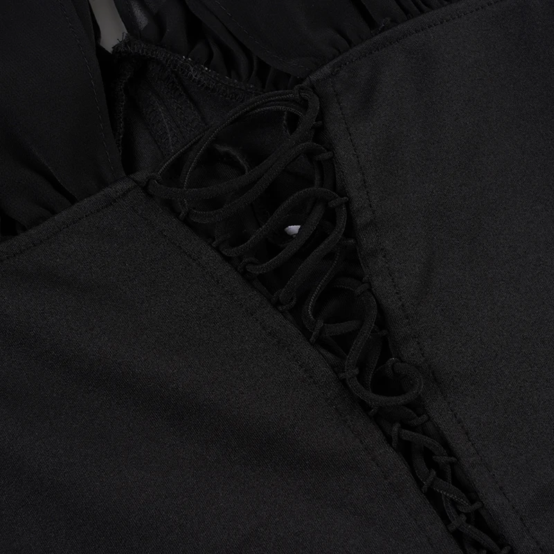 SUCHCUTE Schwarzes Mesh-Patchwork-Oberteil mit halbtransparenten Ärmeln für Damen, lässiges T-Shirt mit V-Ausschnitt, Y2k-Streetwear-T-Shirts, Herbst-Urlaubsoutfit – Detail 11