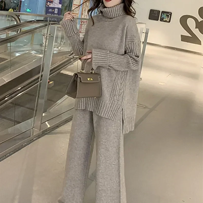 Sweater Set Warm Suit for Women Winter Knitted Suits 2 Piece Set Soild Turtleneck Sweater + Loose Trousers Office Lady Suit