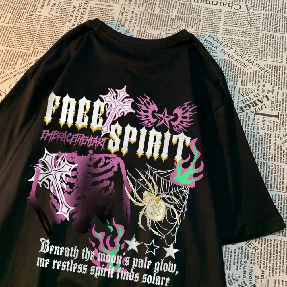 Free Spirit Colorful Skeleton Cobweb T-Shirt Men Women Summer Loose Tshirts Fashion Casual Couple Tops Creativity Cotton T Shirt