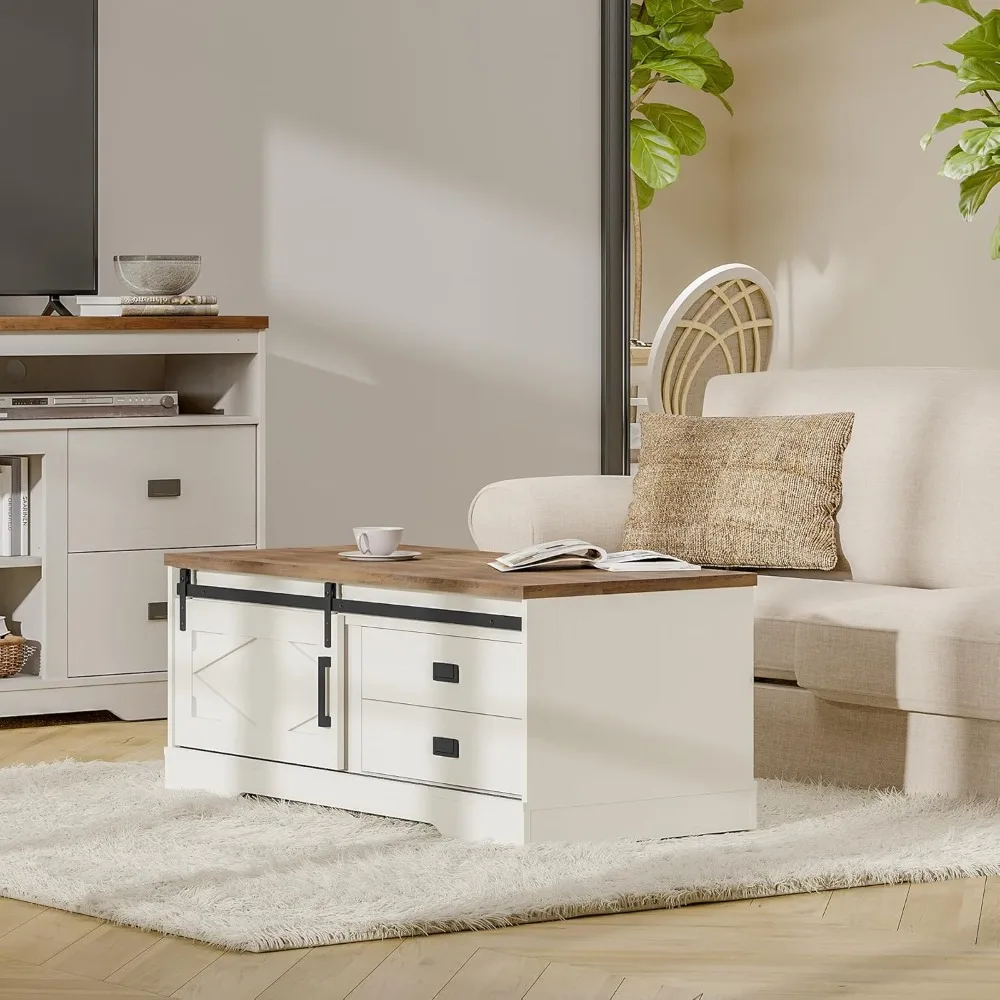 Mesa de centro retangular de fazenda com armazenamento para espaços vivos, mesa de jantar de 47,2 x 22 polegadas com porta deslizante de celeiro