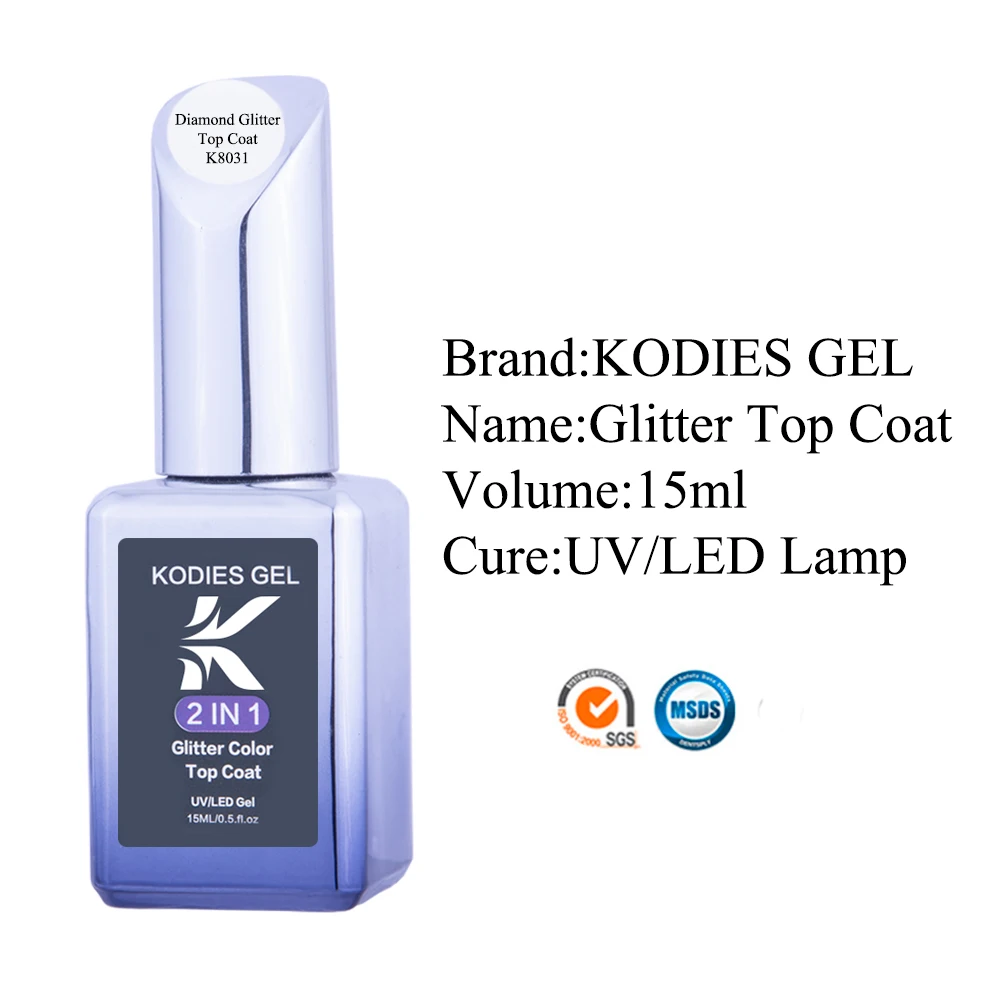 KODIES GEL Diamond Top Coat for Nail Varnish 15ML Super Shine UV Gel Nail Polish Soak Off Semi Permanent Glitter Topcoat No Wipe