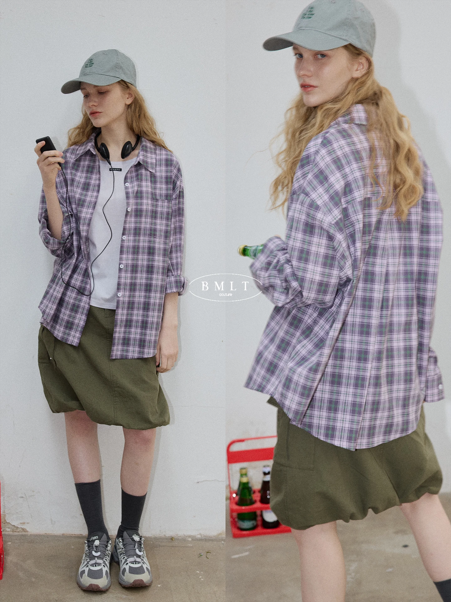

BMLT Women's Loose Cotton Shirt Purple Aesthetic Grid Pattern Casual Style Long Sleeve Sun Protection Fashionable Workwear