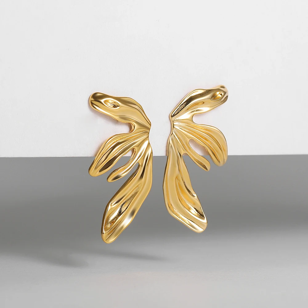 Vintage Stainless Steel Lily Leaves Stud Earrings for Women Irregular Texture Gold Color Wings Metal Chic Waterproof Jewelry