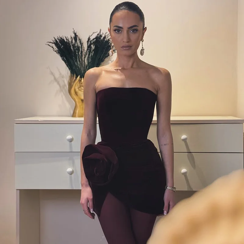 Thinyfull Women Mini Prom Evening Dresses Saudi Arabia Velvet Burgundy Party Dress Sexy Night Cocktail Prom Gowns Customized
