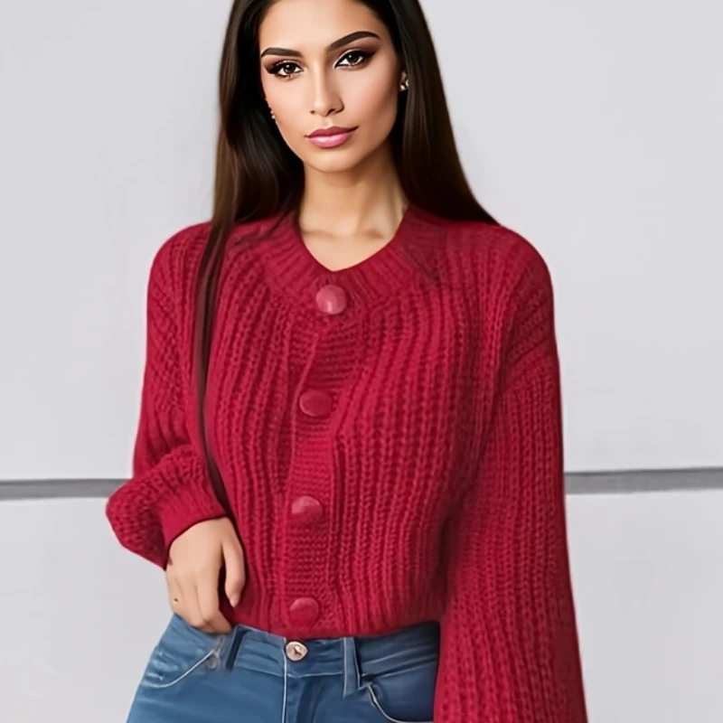 

Кардиган с длинными рукавами, повседневный топ, модная женская одежда, осенне-зимний новый милый однобортный женский свитер с круглым вырезом