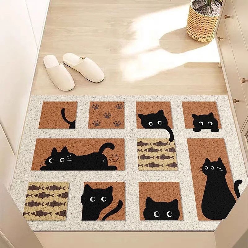 

Japanese Style Entrance Carpet Cute Black Cat Door Mat Cartoon Minimalist Plaid PVC Floor Mats Dust Removal Sand Gravel Rug 양탄자