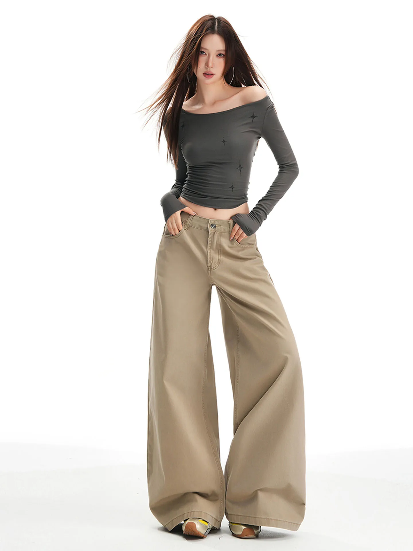 

American Khaki Wide Leg Jeans Women's High Waist Loose Straight Cut Slimming Versatile Cotton Casual Trousers for Autumn