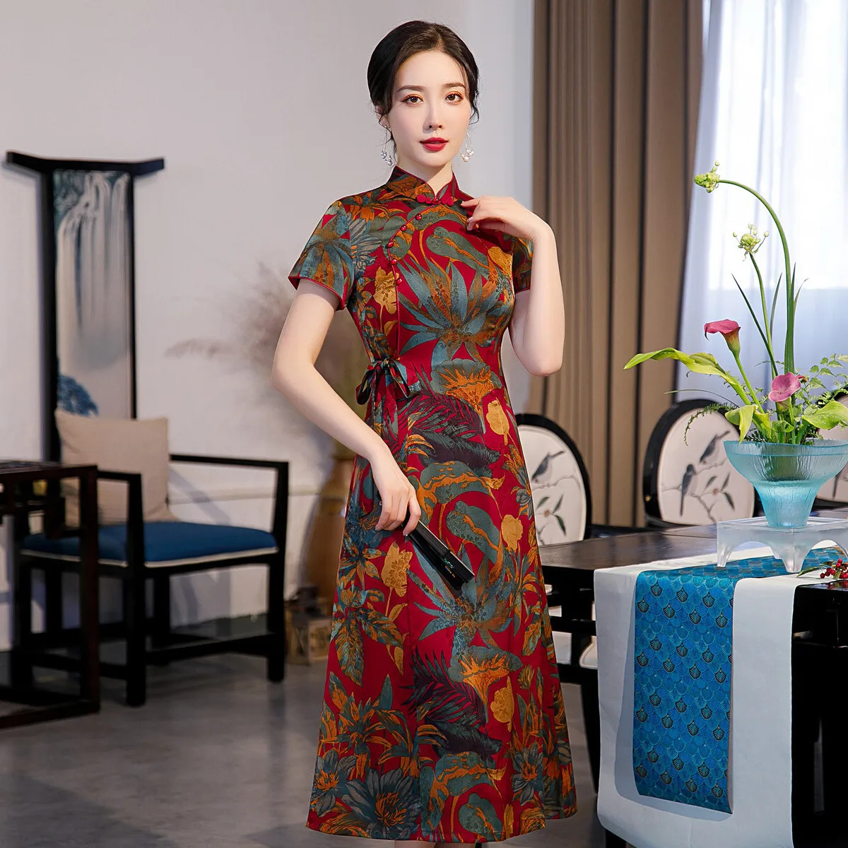 

Yourqipao Spring and Summer New Flowery Cheongsam Skirt Plus Size Chinese Mother Qipao Evening Dresses Women Prom Party Gowns