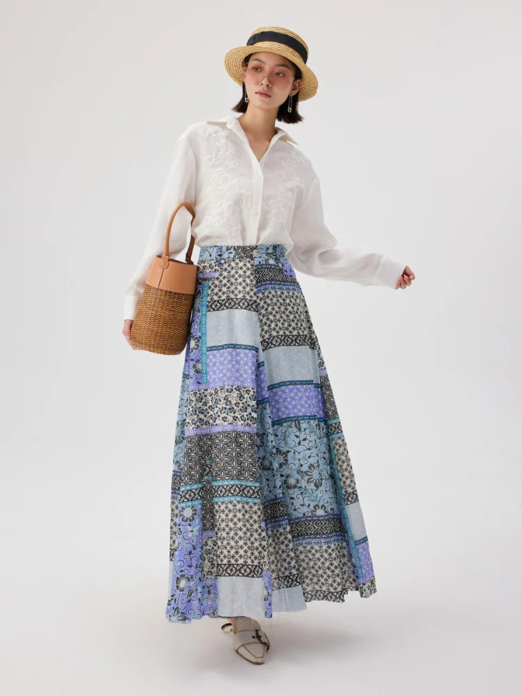 

Ethnic Sle Geometric Pattern Patchwork Design A-Line Midi Skirt Vintage Summer Long Flared Skirt High Waist Linen Material