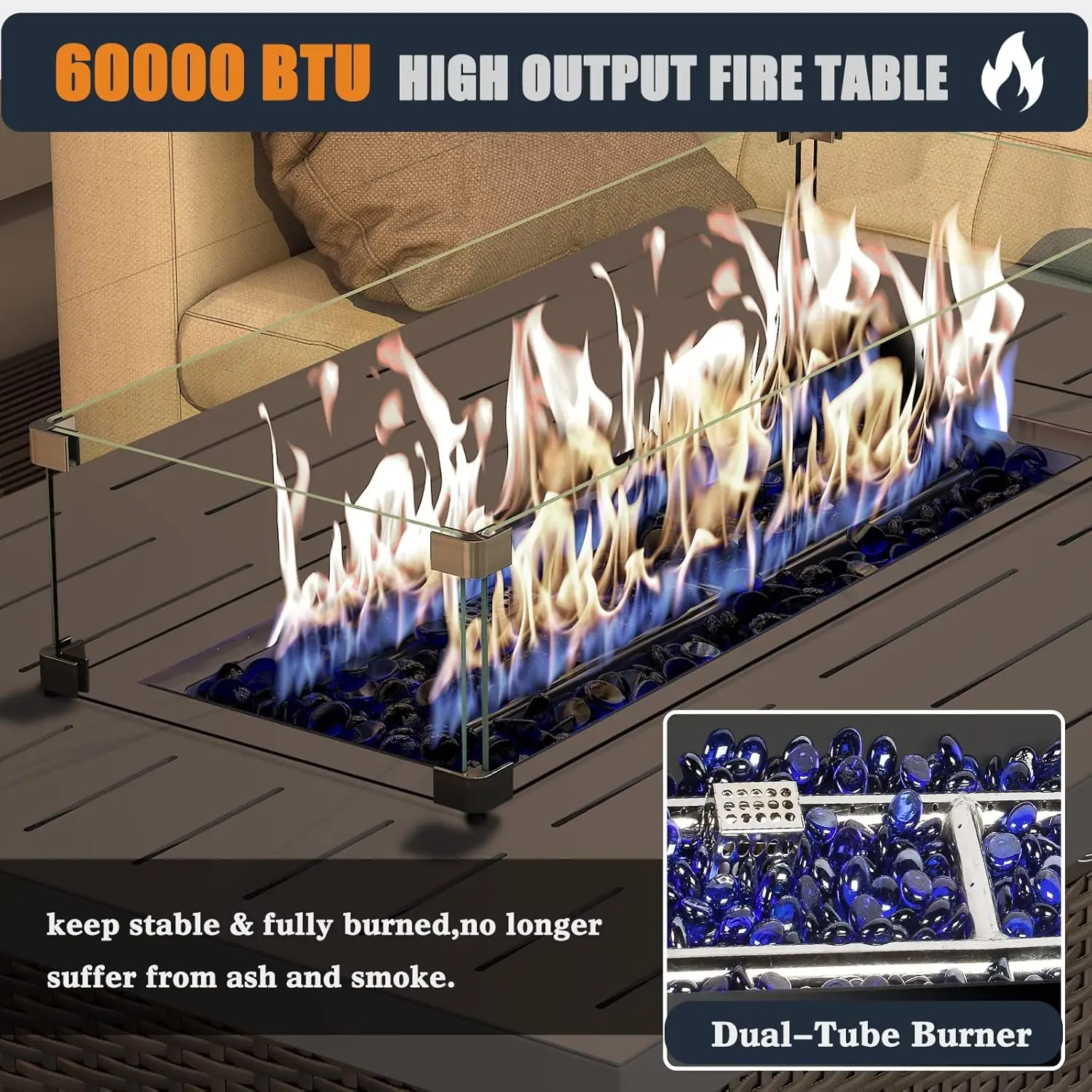 44 Inch Propane Gas Fire Pits Table, 60000 BTU Rectangular Outdoor Wicker Rattan Fire Pit with Glass Wind Guard