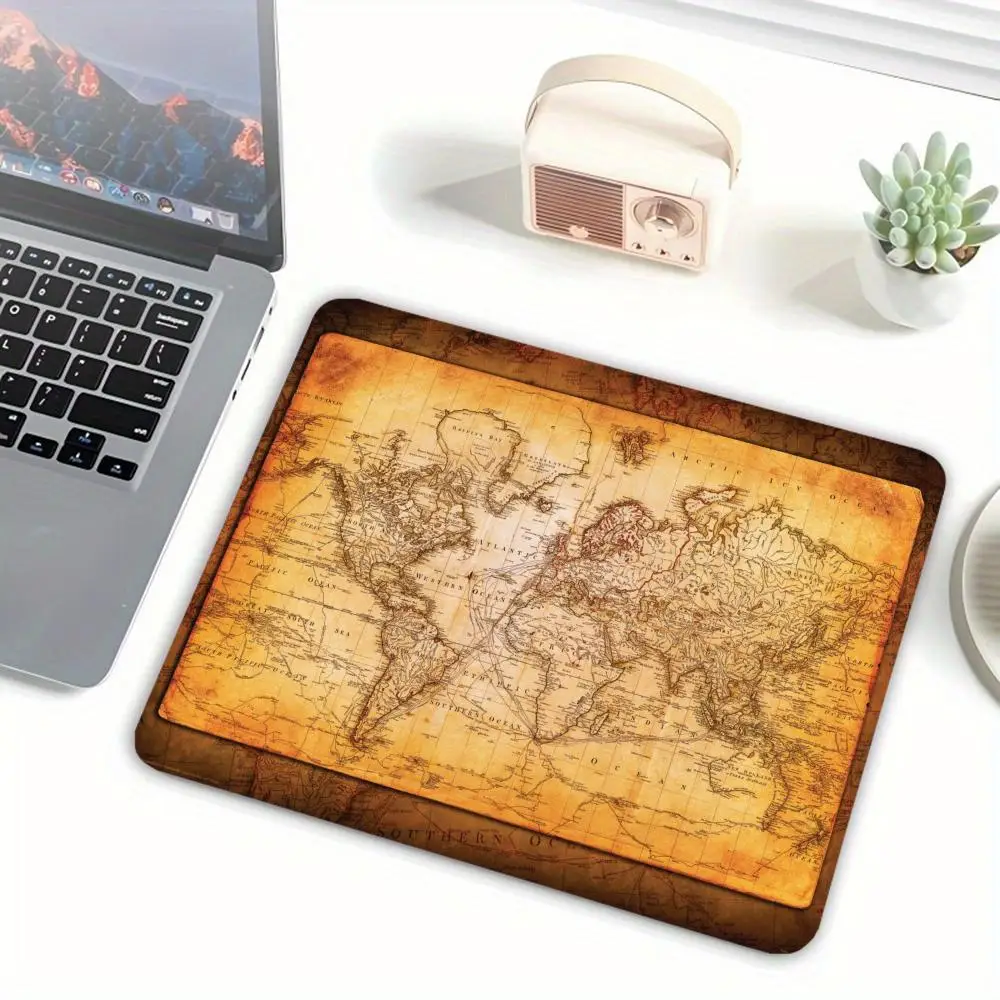 18x22cm Small-sized Gaming Mouse Pad, Yellow Background Map Style Design, Laptop Office Mat, Suitable for Office and Home Use