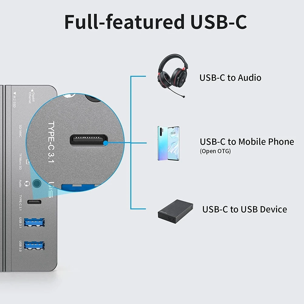 Hot sale  10 in 1 Docking Station USB-C 3.2 HUB 10Gbps with M.2 NVME and SATA SSD Enclosure -Compatible 100W PD for PC-Grey