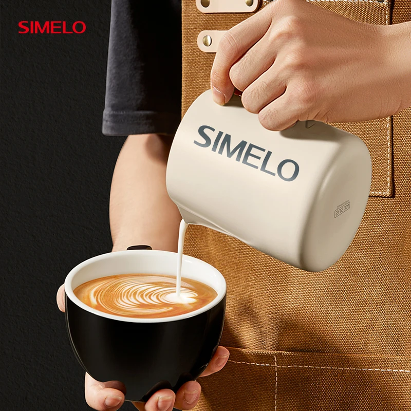 SIMELO 304 Stainless Steel Coffee Latte Art Cup with Ceramic Liner V-Shaped Mouth Milk Frother Jug Frothing Pitcher 400ml/600ml
