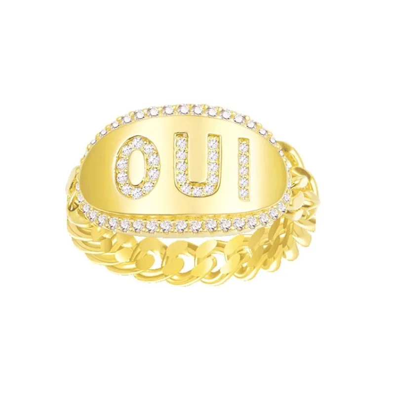 Woman Rings Gothic Full Diamond Letter Oui Personalized Minority High Grade Light Luxury Hot Girl Gold Jewelry Engagement Ring