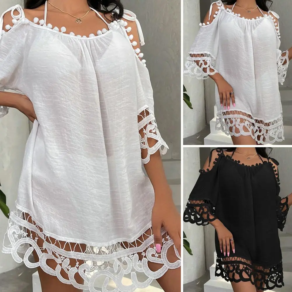 Thin Women Beach Cover Up Above Knee Length Sunscreen Hot Lace Crochet Summer Vacation Beach Mini Dress