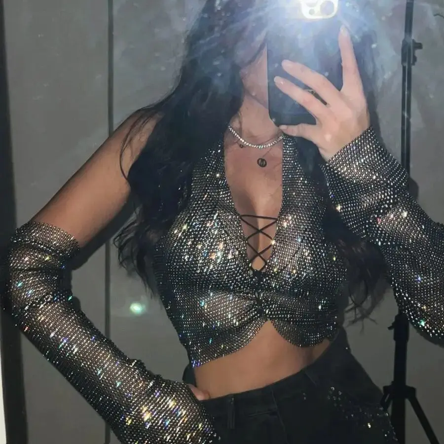 See Through Mesh Tank Top Shiny Rhinestone Hollow Out Bandage Camisole Sexy V Neck Backless Nightclub Crop Top Women Party Top