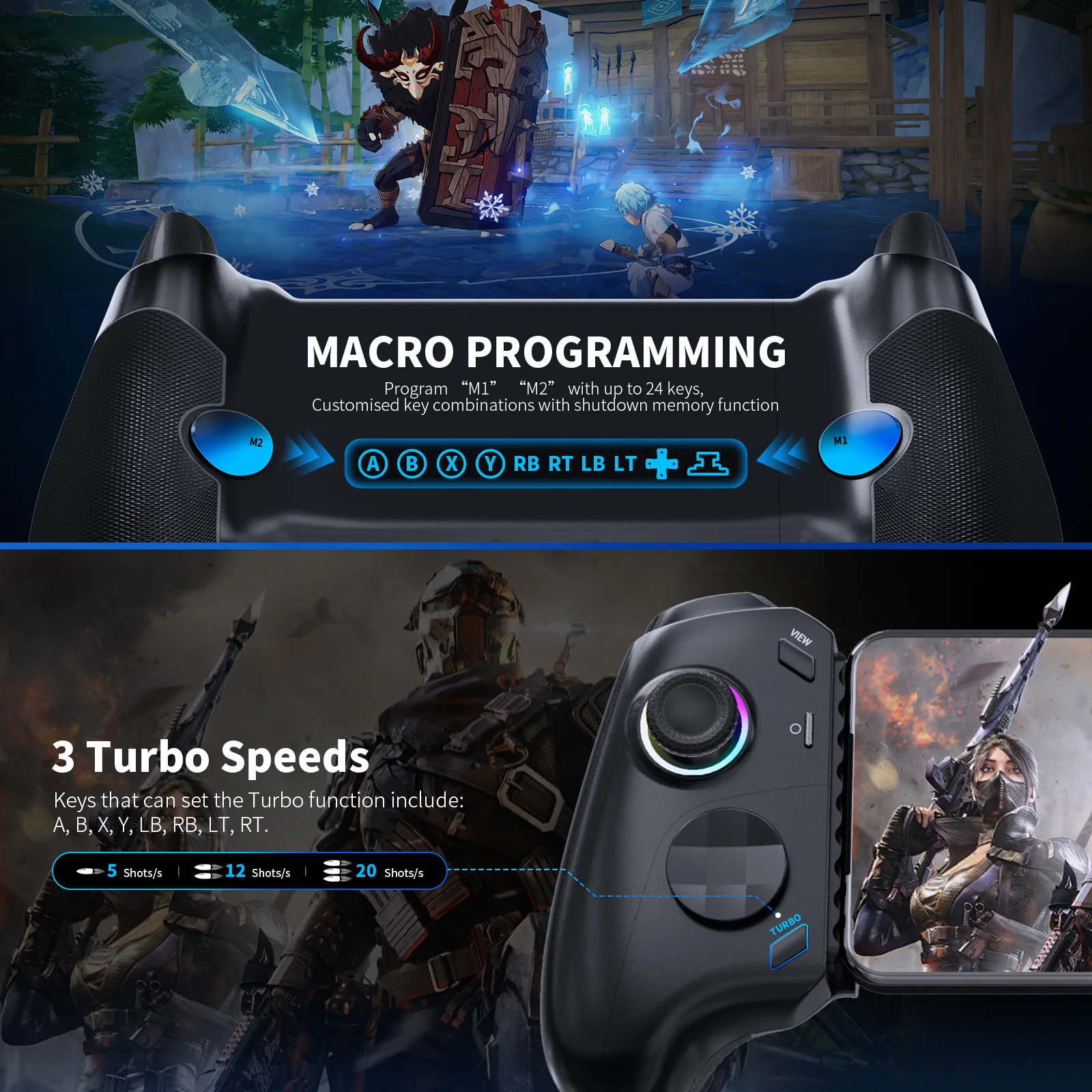 وحدة تحكم ألعاب الهاتف المحمول AceGamer من النوع C لسلسلة iPhone 15/Android، لوحة ألعاب قابلة للتمدد مع عصا تحكم بتأثير القاعة