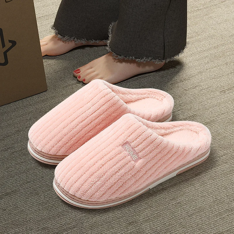 Winter Warm Solid Color Women Men Plush Slippers Thick fluffy Non-Slip Femal Male Indoor Home Cotton Shoes