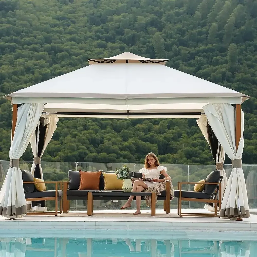 Quick Assembly Detachable 10x13 Outdoor Double Gazebo with Mosquito Netting and Curtains, Ideal for 130 Sq Ft Shade, Beige