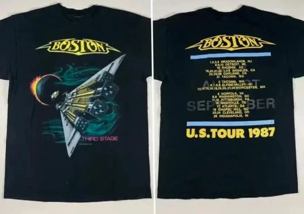 Heavyweight T-shirts Print Cotton Tops 1987 Boston Rock Band Tour Rock Punk Casual Loose Tee Fashionable and Daily Wear Unisex