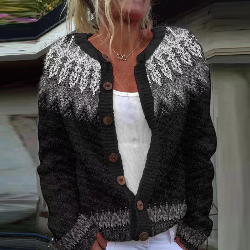 

Elegant Pattern Printed Sweater Women Casual Long Sleeve Button Knitted Sweaters For Women Autumn Winter Sweater Cardigan Jacket