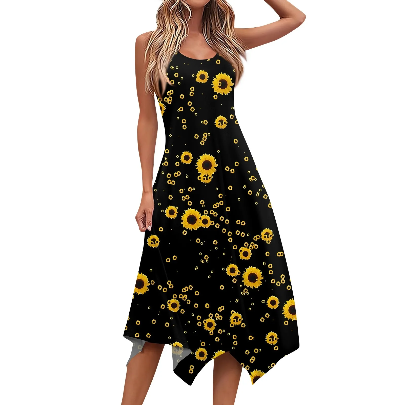 Women's Sunflower print dresses Casual Fashion  sundress Round Neck Sleeveless long dresses Irregular Hem vestidos midi elbise