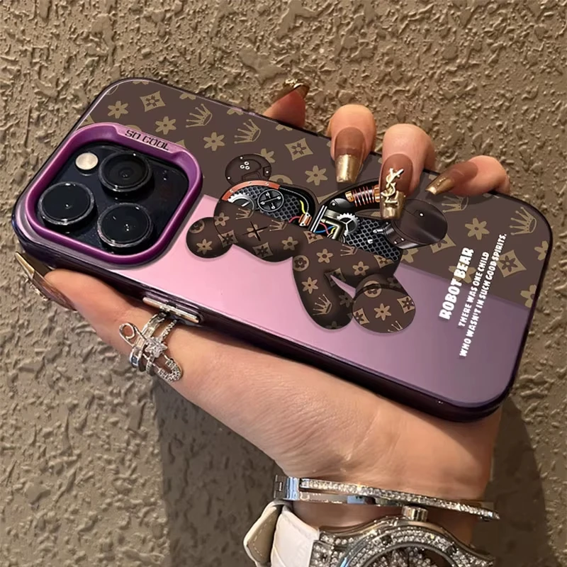 Luxo retro robô urso padrão caso de telefone para iphone 17 pro 16 15 14 13 12 11 pro max 16 plus 16e 17 ar à prova de choque capa traseira