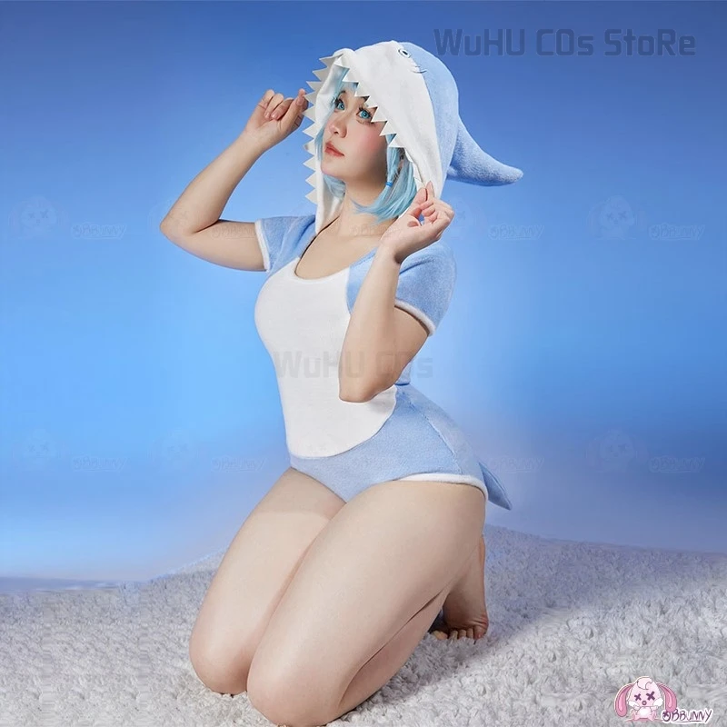 Gawr Gura camisón de una pieza Cutie Sharks Tails Sexy Lingrie disfraz de Cosplay azul Kawaii Halloween mujeres pijamas con capucha de Navidad