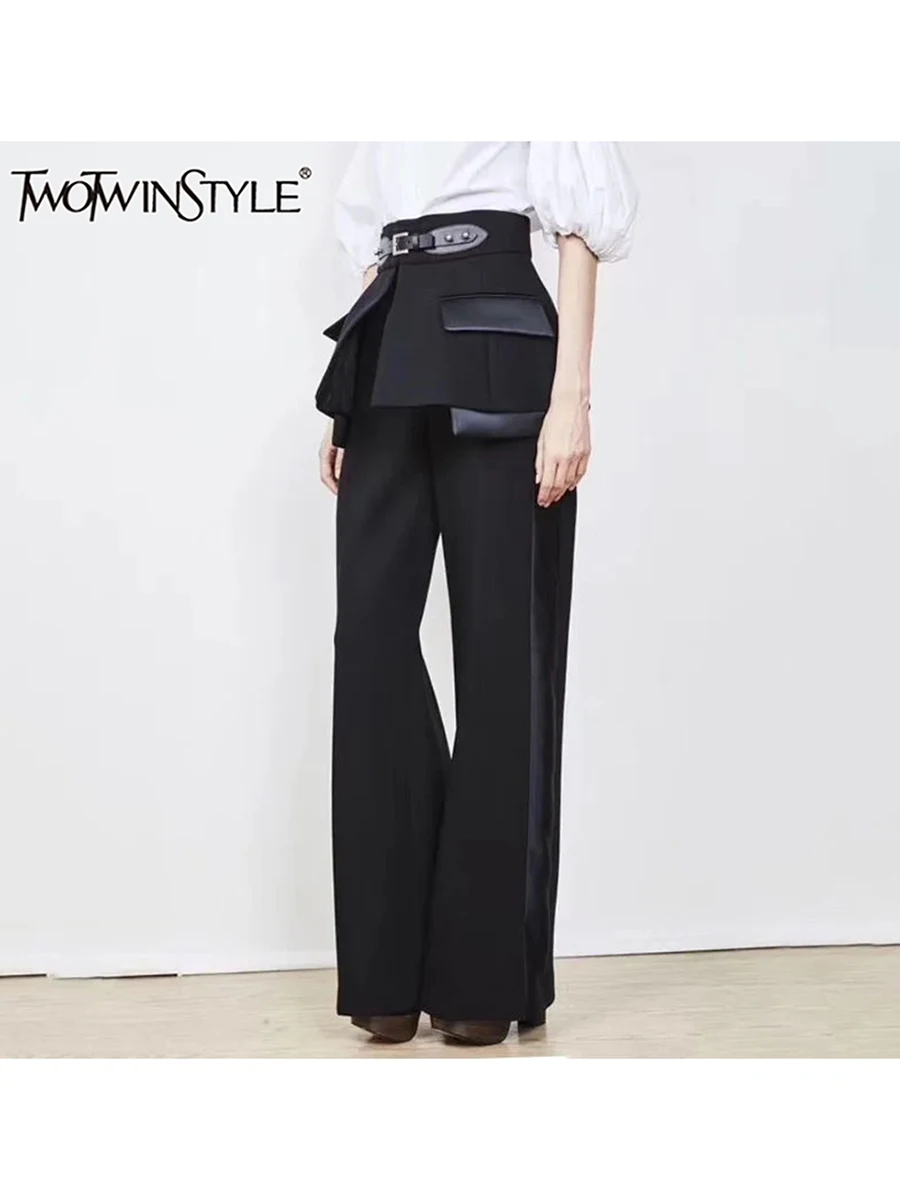 TWOTWINSTYLE Solid Patchwrok Pockets Skinny Trousers For Women High Waist Spliced Belt Straight Long Pants Female Fashion New