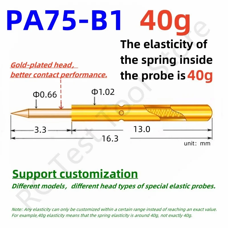 

20/100PCS PA75-B1 Spring Test Probe Test Pin Pogo Pin P75-B1 P75-B PCB Test Tool 0.66/1.02/16.3mm Gold Needle Sharp Tip 40g