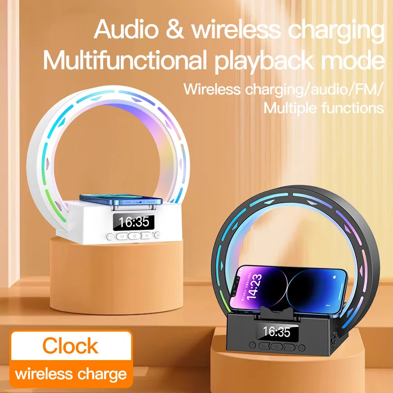 Pop 4 In 1 Bluetooth Speaker Wireless Charging Bedside Lamp With Alarm Clock Wake-Up Light For Bedroom Support USB Drive TF Card