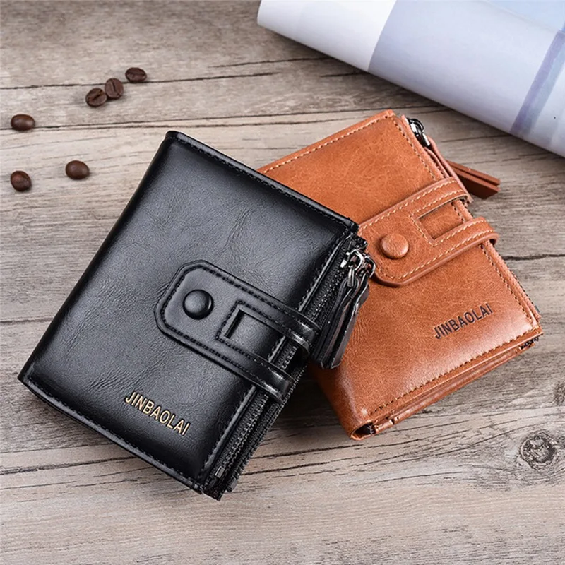 

Men's Leather Wallets Premium Product Cowhide Wallets For Man Short Wallet Credit Business Card Holders Hasp Double Zipper