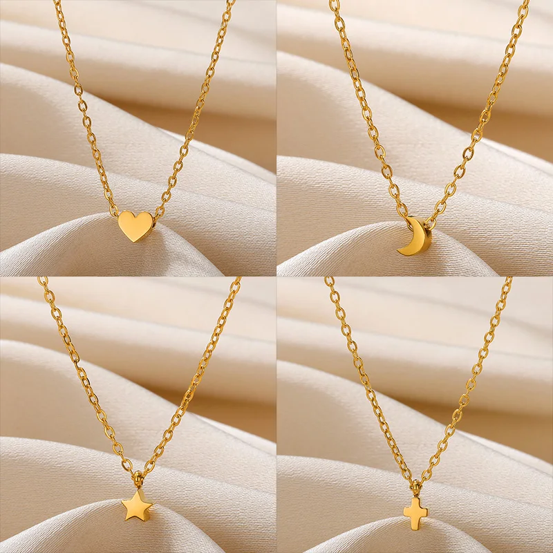 Small Moon Star Heart Pendant Necklaces For Women Gold Color Stainless Steel Cross Necklaces Fashion Wedding Jewelry Gift