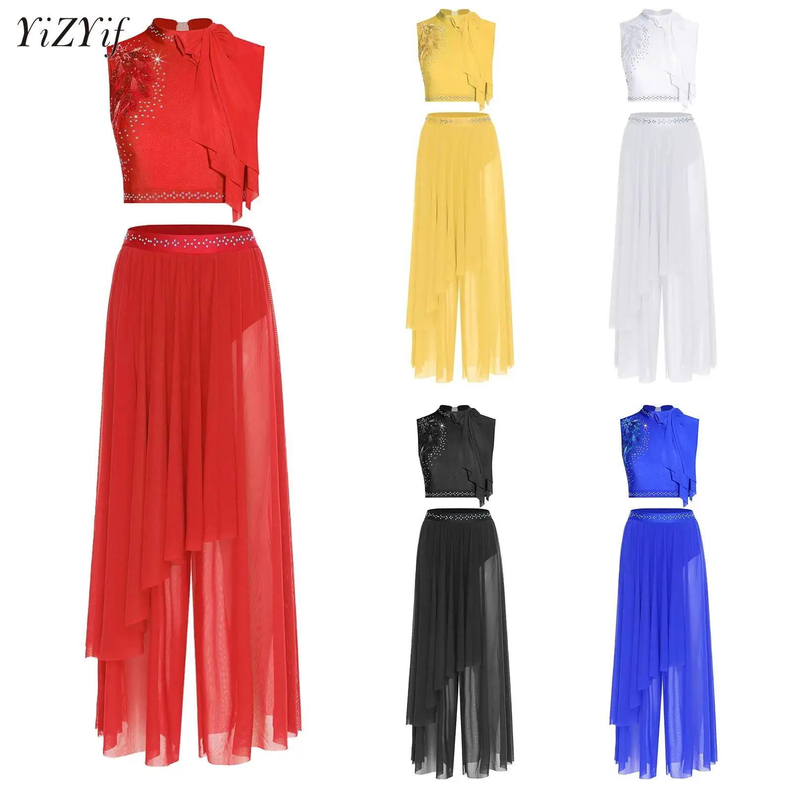 

Women Modern Lyrical Dance Outfit Floral Embroidery Crop Top with Wide Leg Mesh Pants for Figure Skating Ballet Gymnastics