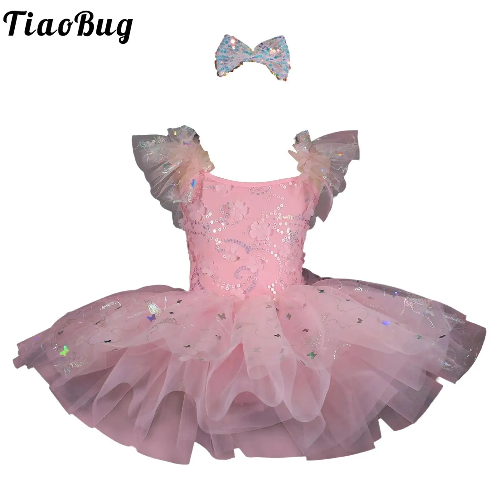 Kids Girls Summer Ballet Dance Costume Ruffle Flower Sequin Bodice Sparkly Butterfly Dress Ballerine Stage Performance Vestidos